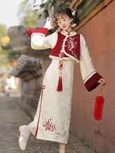 原创春晓汉服女中国风改良汉元素马甲旗袍两件套装春节秋冬贺岁服