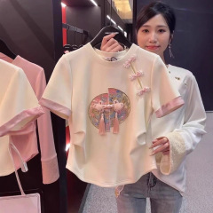新中国中国風重工刺繍百合半袖tシャツ
