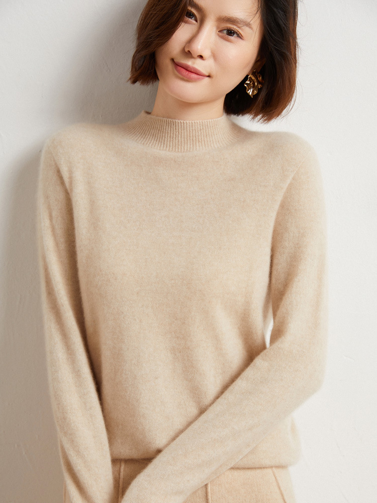 100%純毛セーター、ワンライン仕立て、シームレス、女性用ハーフタートルネック、ゆったりとしたニットセーター、シンプルな通勤スタイル
