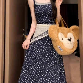 跨境假两件撞色碎花吊带裙女夏季设计感修身A字裙大摆连衣裙跨境