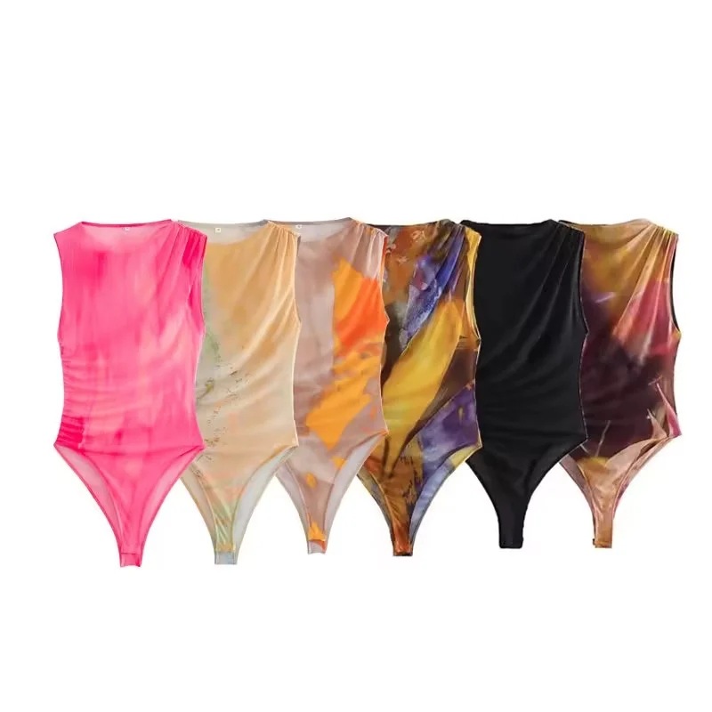 AliExpress comercio exterior 2024 primavera y verano nueva ropa de mujer estilo europeo y americano plisado decoración slim-fit sexy mono de red de seda