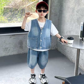 男童夏季短袖套装儿童韩版牛仔马甲三件套2026新款小男孩夏装衣服