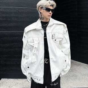 White Deconstructed Motorcycle Leather Jacket Men's Spring and Autumn Vibe American-style High Street Plumpies Handsome Loose Casual Heavy Industry Jacket