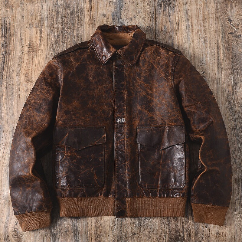 Genuine Leather Jacket American Retro Distressed A2 Air Force Pilot Slim Fit Short Oil-Waxed Cowhide Leather Jacket for Men
