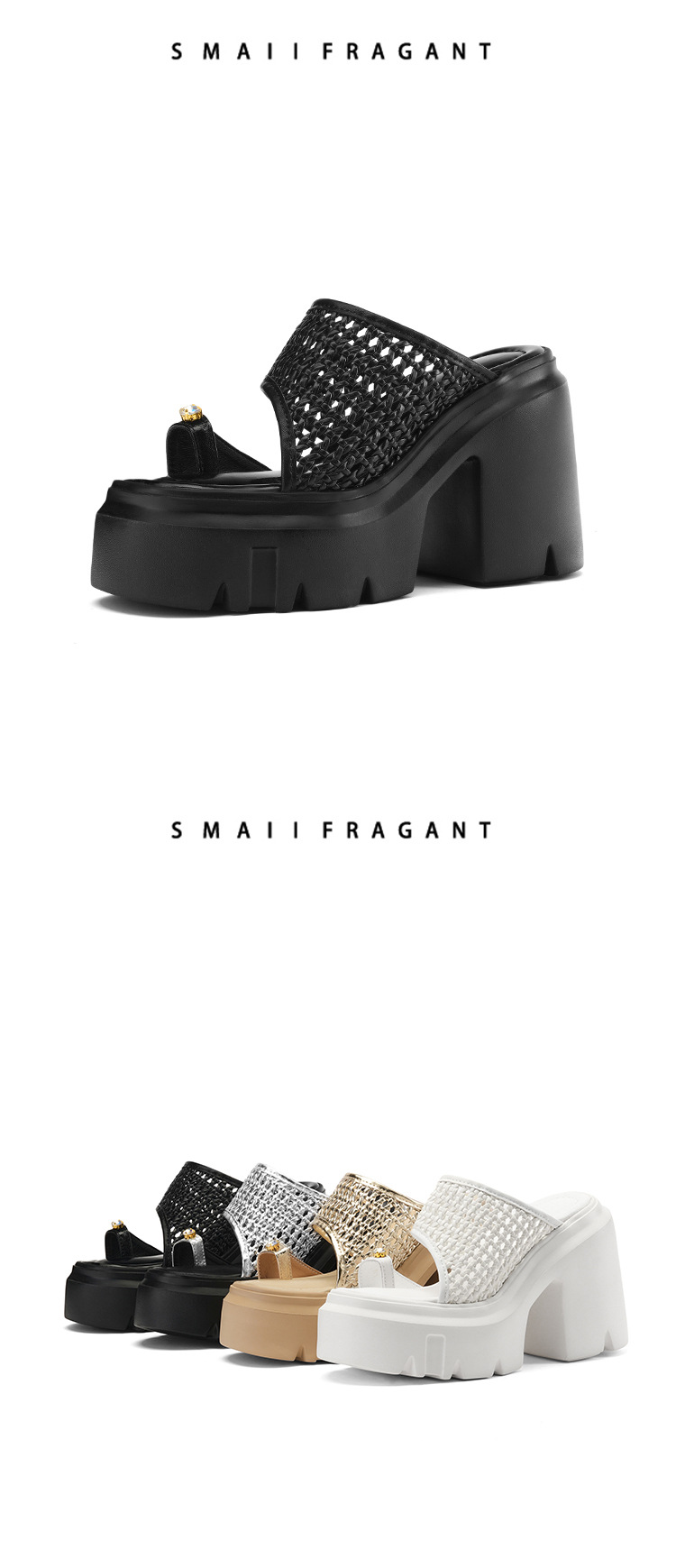 Dép sandal cao gót nữ quai ngang đan gót thô 12 cm đế tăng chiều cao — Màu đen, Màu vàng nhạt, Màu trắng, Màu bạc chi tiết 15