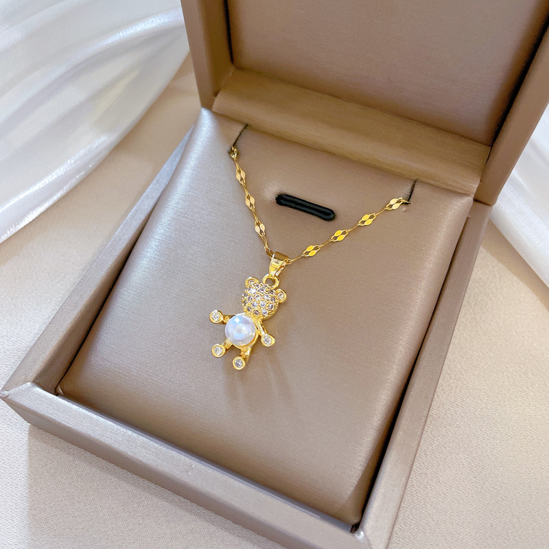 Mode Tragen Titan Stahl Kupfer Inlay Künstliche Perlen Zirkon Halskette Mit Anhänger display picture 4
