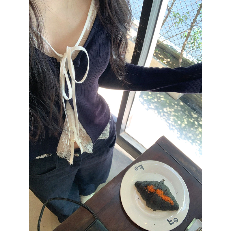 黑色辣妹风蕾丝拼接绑带假两件撞色t恤女春季显瘦打底衫长袖上衣|undefined