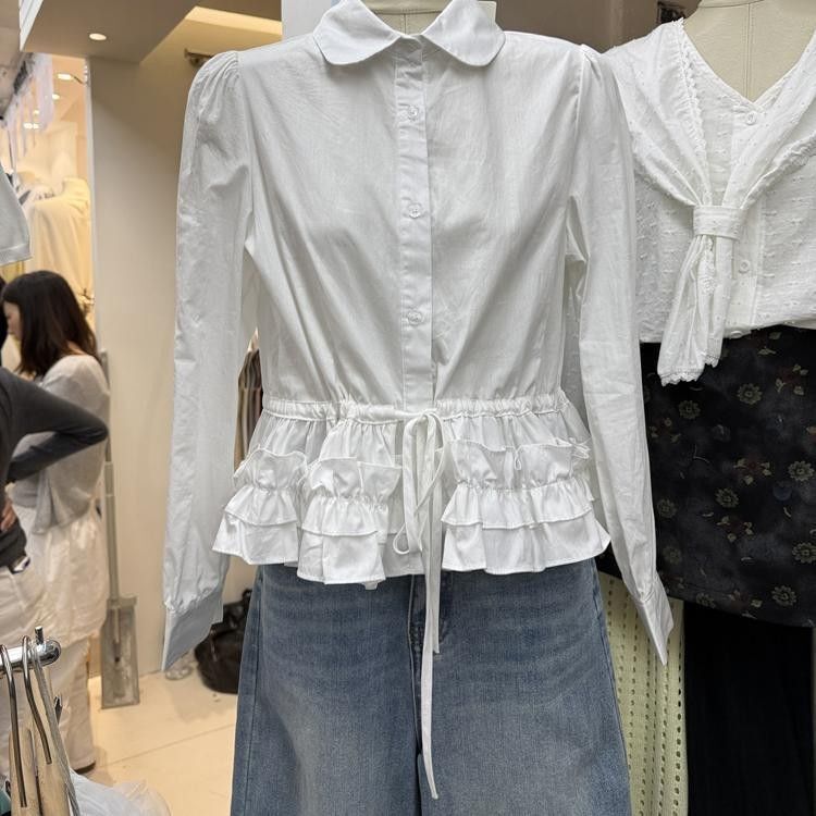 New Korean-Style Spring Loose-Fitting Drawstring Waist Design with Ruffled Edges, Age-Reducing Versatile Shirt Cardigan for Women
