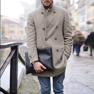 Men's medium length long sleeved woolen overcoat trend in autumn and winter
