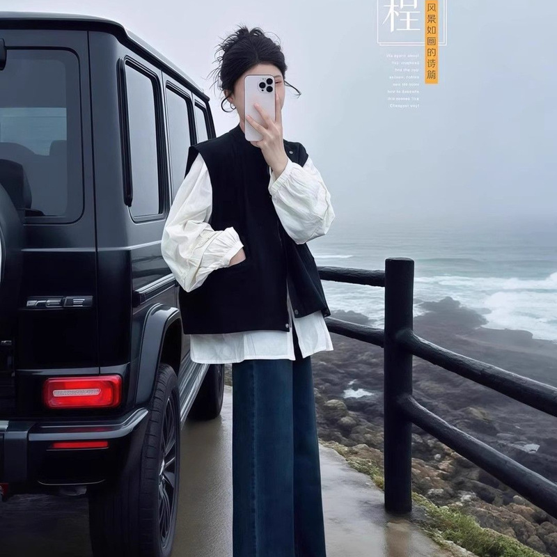 Early Autumn Matching Korean Style Outfit: White Shirt Layered with Vest Jacket and Wide-Leg Jeans Three-Piece Set for Women