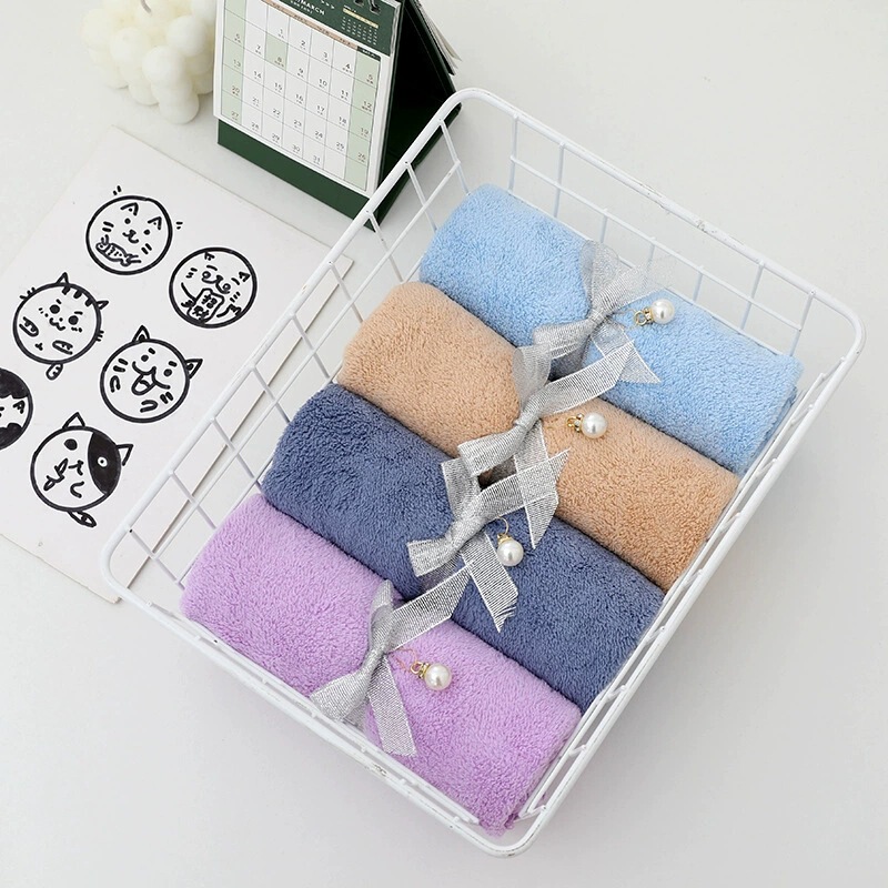 Coral Velvet Gift Towel Wholesale Towel Company Return Gift Hand Towel Silver Ribbon Roll Towel Embroidered Logo Customization