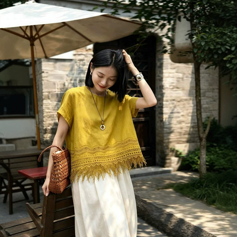 100% Hemp Tassel Lace Design, Simple, Fashionable, Versatile, Loose-Fitting, Slimming, Solid Color Shirt Top for Women 100% Hemp Tassel Lace Design, Simple, Fashionable, Versatile, Loose-Fitting, Slimming, Solid Color Shirt Top for Women