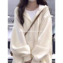 特大码300斤慵懒小众华夫格连帽外套男女秋冬新款拉链开衫卫衣ins