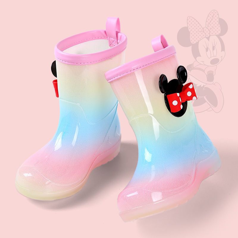 Girls' Rain Boots Cute Rainbow Children's Rain Boots Girls Princess Lightweight Non-Slip Children's Water Shoes Plus Velvet Middle Children