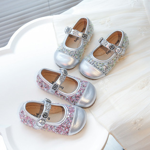 Children's Small Fragrant Round-Toe Sequined Mary Jane Shoes Spring & Fall New French Shallow Mouth Flats Shoes Low-Heeled Small Leather Shoes