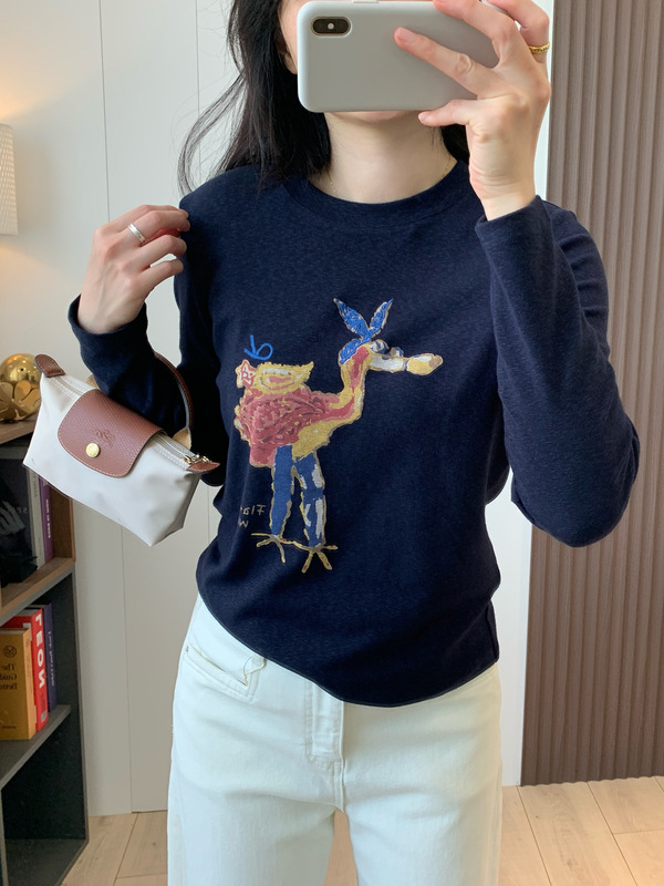 洋气配色！cute印花 简约圆领柔软舒适休闲减龄百搭长袖T恤上衣秋|undefined