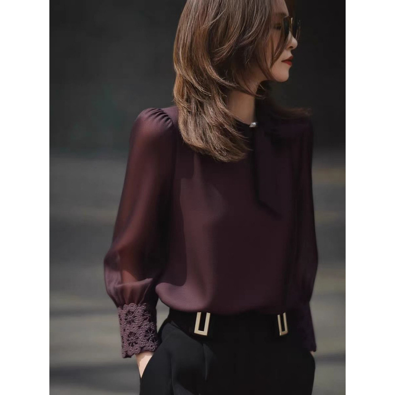 Dark Purple Long-Sleeved Shirt Tops for Women 2025 Autumn New Style High-End Accessible Luxury Age-Reducing Foreign Style Important Occasion Shirt