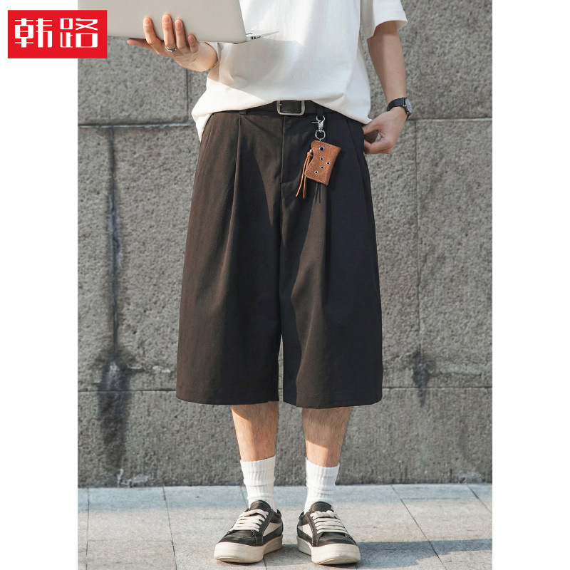 Solid Color Loose Double-Pleated Casual Pants for Men, Spring/Summer Vintage Versatile Straight-Leg Pants, Trendy Brand Texture Six-Point Pants