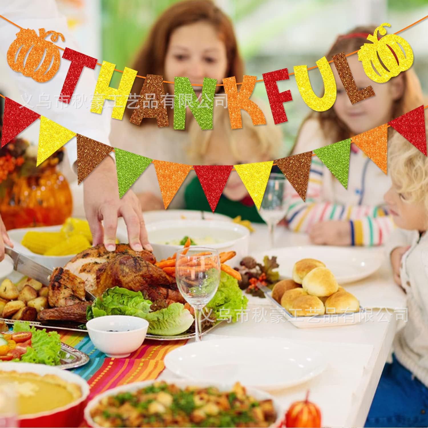 Banner de acción de gracias intermitente con logo de hoja de arce de calabaza banderín de acción de gracias cosecha feliz de otoño