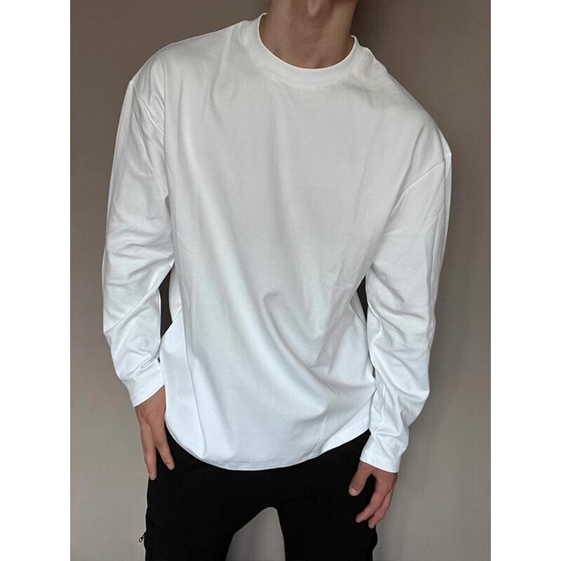230g American Small Neckline Long-Sleeved T-Shirt Men's Cool Elastic Anti-Wrinkle Pure Color Loose Sports Fitness Bottoming Shirt Spring