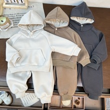 儿童抓绒连帽套装冬季新品2025男女童时尚休闲上衣长裤韩版两件套