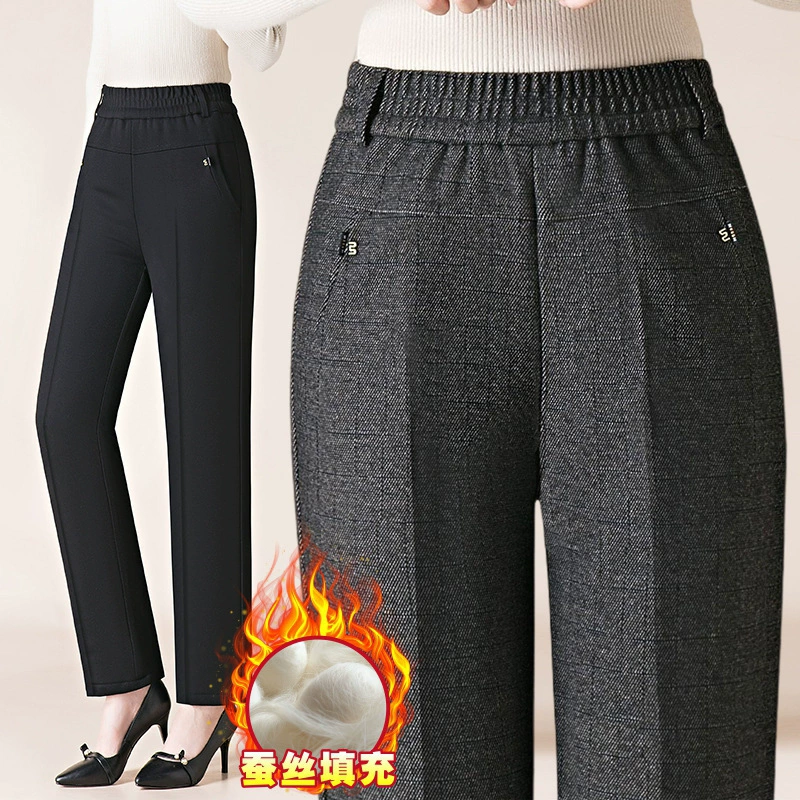 Мама зимняя бархатная утолщенные повседневные прямые брюки 2024 новый средний и пожилой осенние и зимние теплые брюки