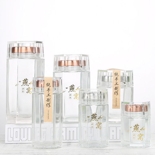 Lead-free fresh stewed bird's nest bottle for household use retortable glass sealed jar packaging box six-sided honey bottle