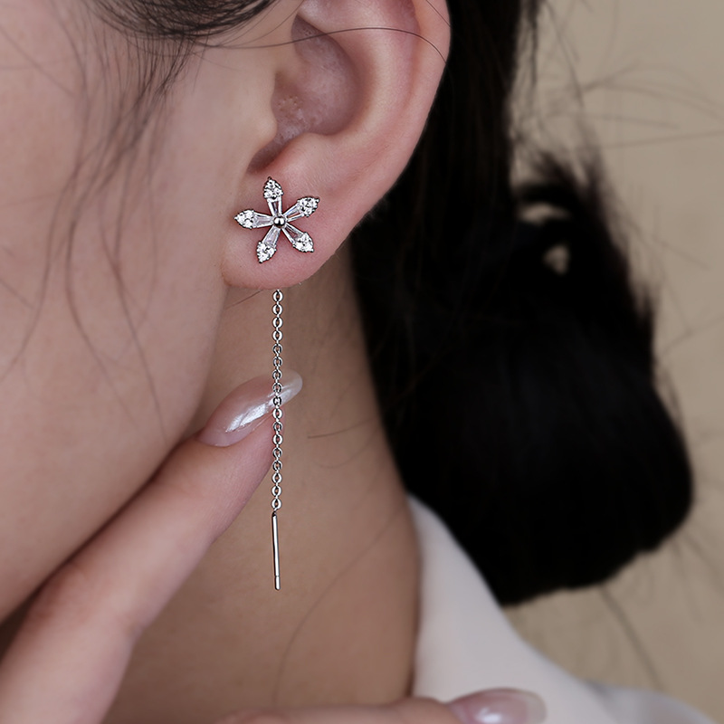 Pendientes Largos de Plata de Ley S925 con Incrustaciones de Circonita en Forma de Flor, Versátiles, con Borla, Estilo Lujoso y Ligero, Pendientes de Cristal Dulce de TikTok