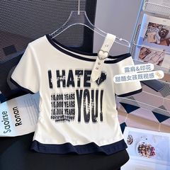 大码韩版撞色露肩短袖t恤女夏季2025新款宽松显瘦遮肉百搭上衣女