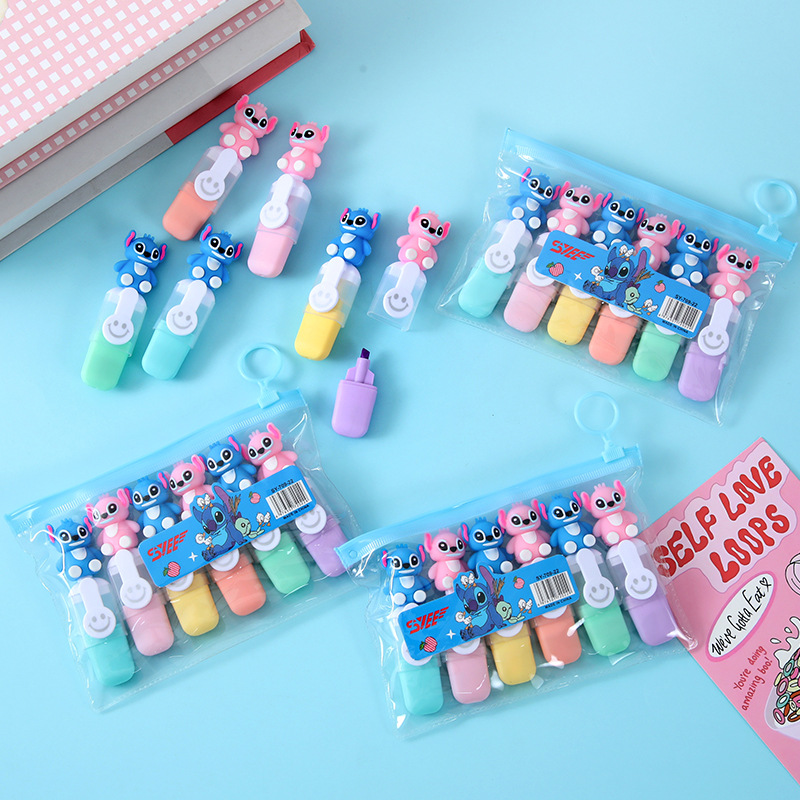 stitch 6 bags mini fluorescent pen cartoon shape single head 6 color journal pen student small prize