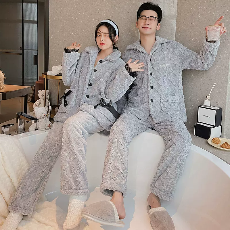 韩版情侣睡衣套装法兰绒可爱蝴蝶结居家套装女开衫翻领家居服男士