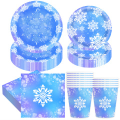 新しいクリスマス紫青雪花パーティーセット使い捨て紙皿ティッシュ紙コップパーティー装飾品