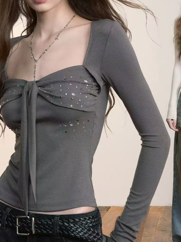 韩系风蝴蝶结针织彩色烫钻小衫女秋季修身百搭u领系带T恤辣妹上衣|undefined