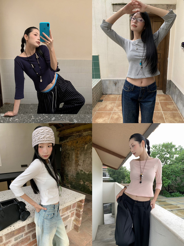 [9hour]美式甜辣风正肩t恤女 2025秋季百搭中袖微弹上衣女c250635|undefined