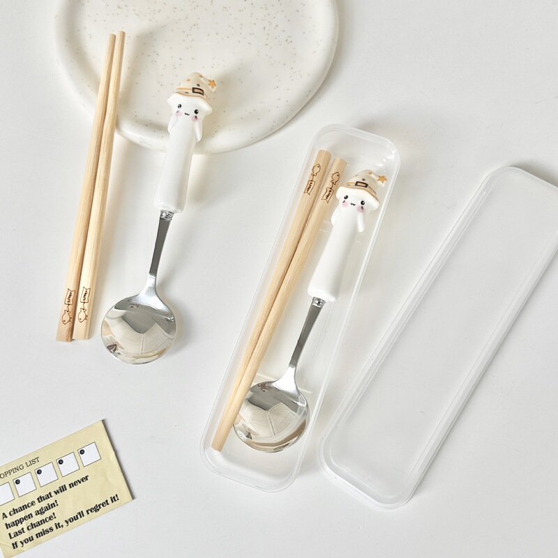 スプーンでスープを飲む高颜値ステンレス陶磁器スプーンかわいい箸セット携帯家庭用アニメクリスマス食器|undefined