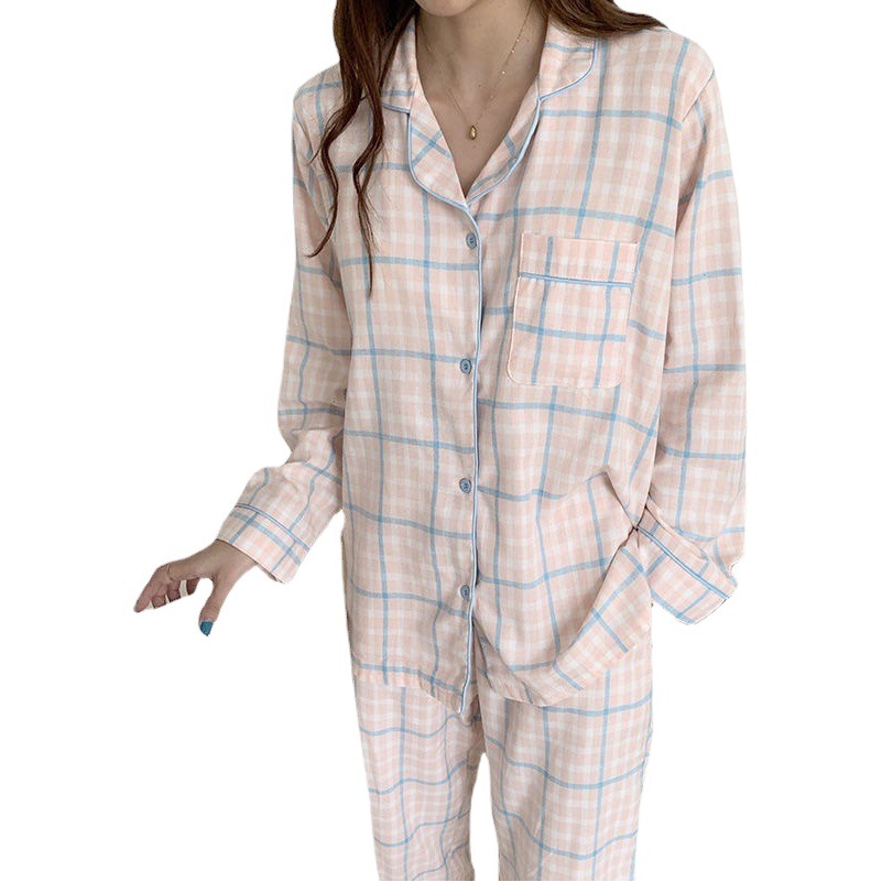 Estilo coreano pijamas de las mujeres a cuadros lindo primavera y otoño invierno cardigan solapa manga larga Comercio exterior vestir prendas exteriores homewear traje