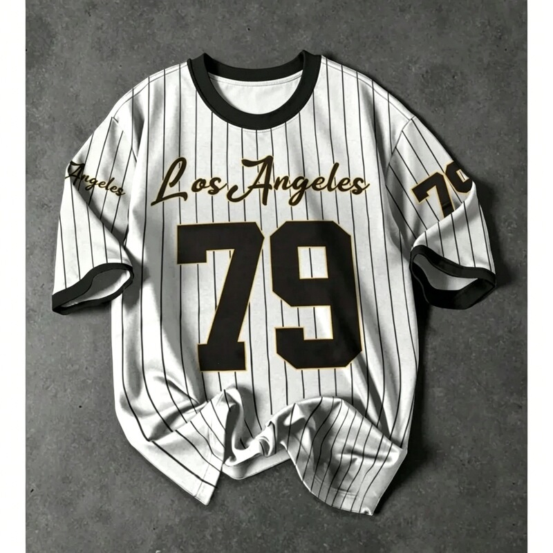 Summer American Retro Baseball Uniform T-Shirt for Men Los Angeles No. 79 Striped Print Loose Short-Sleeve