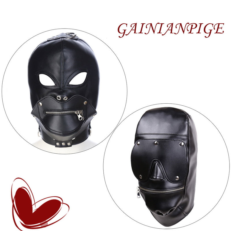 Wholesale Adult Sex Products Sm Fun Eye-Opening Blindfold Mouth Zipper Leather Hood Mask Teasing Toys