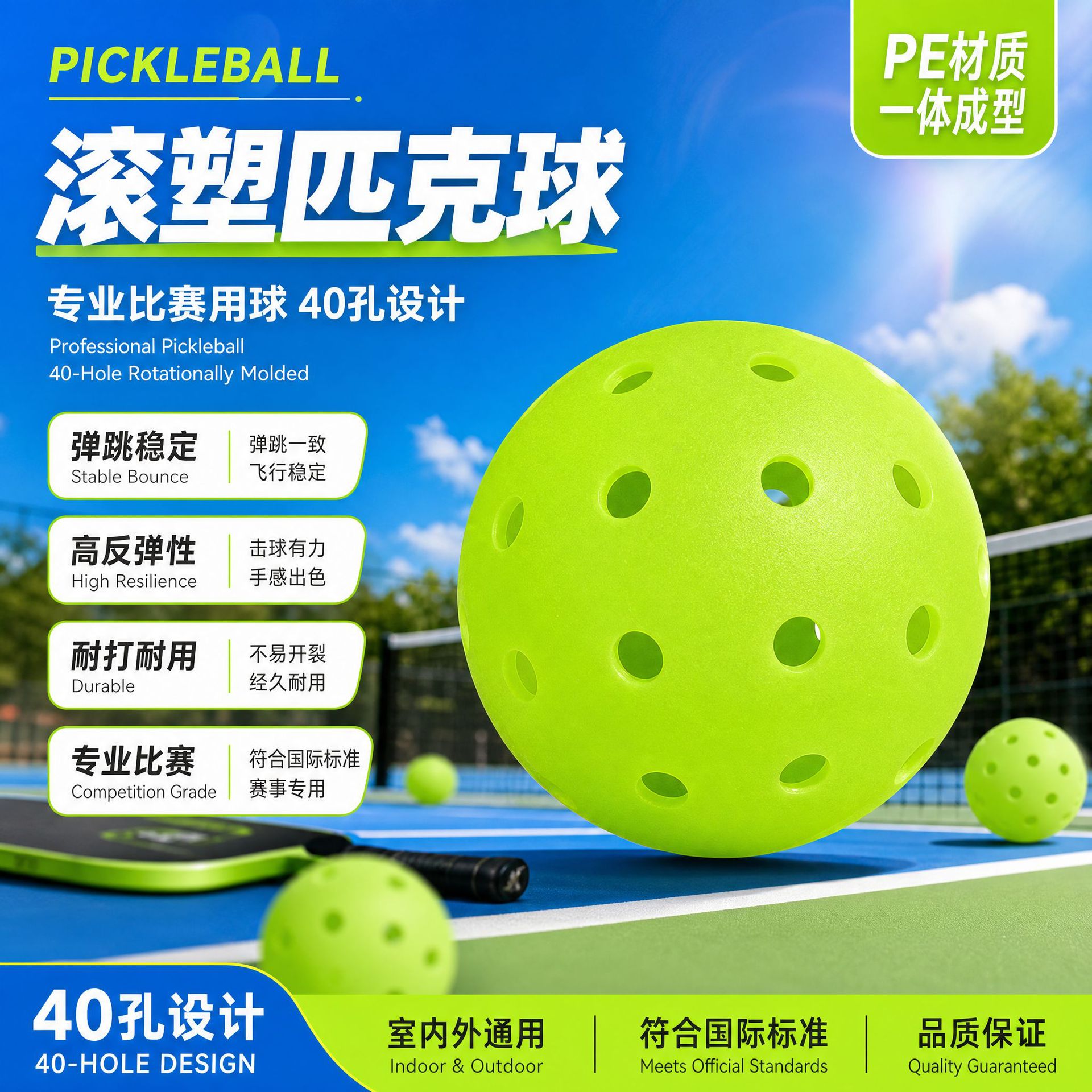 PE Rotomolded Pickleball Outdoor Sports Integrated Ball Professional Competition Ball 40-Hole Indoor and Outdoor Rotomolded Ball
