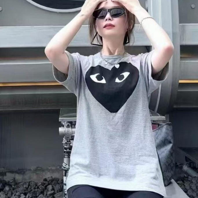 High-Quality Chuanjiu Black Heart-Shaped Round Neck Short-Sleeve Classic Everyday Versatile Loose Casual T-Shirt for Women