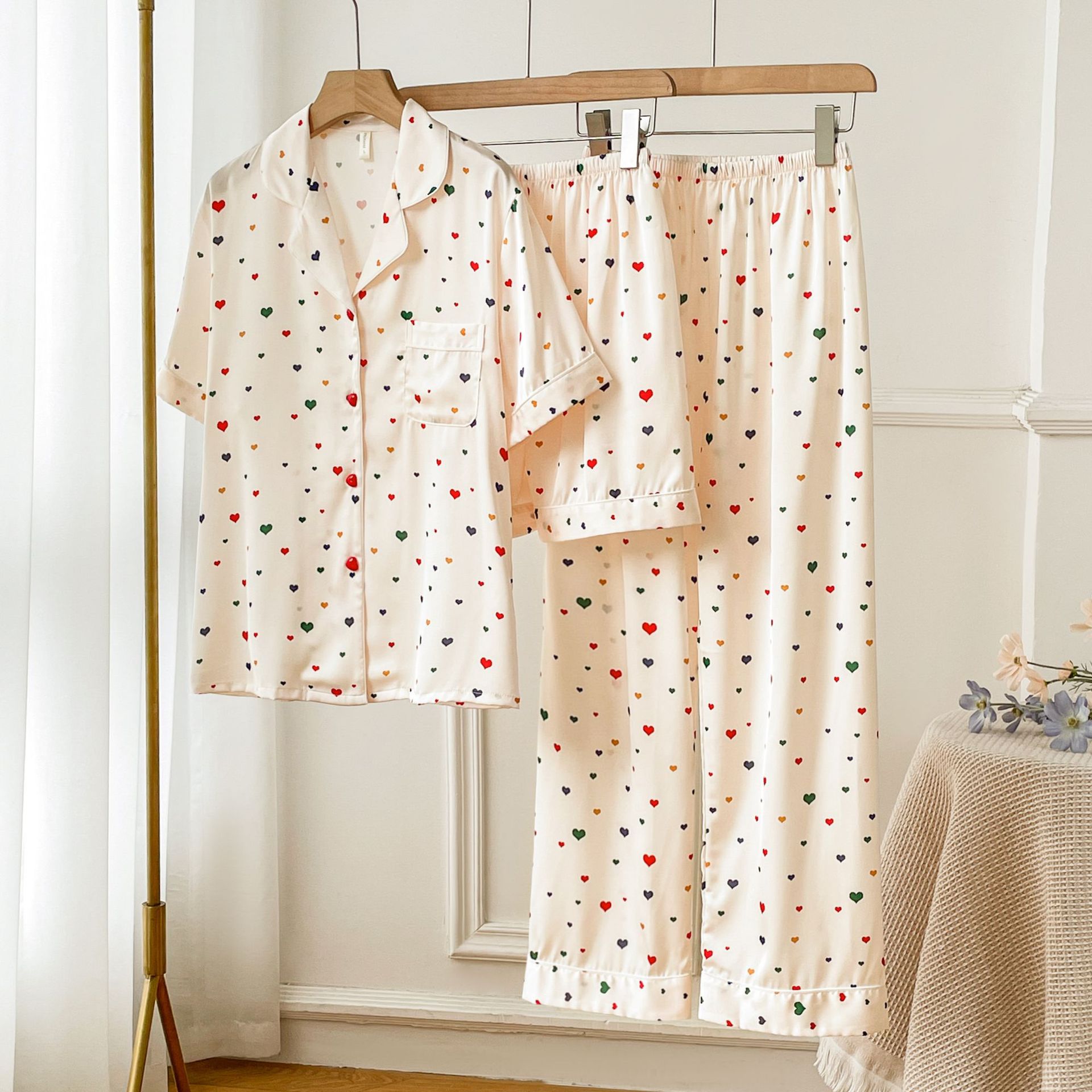 Pijama de seda fría con estampado de corazones, set de 3 piezas, ligero para verano
