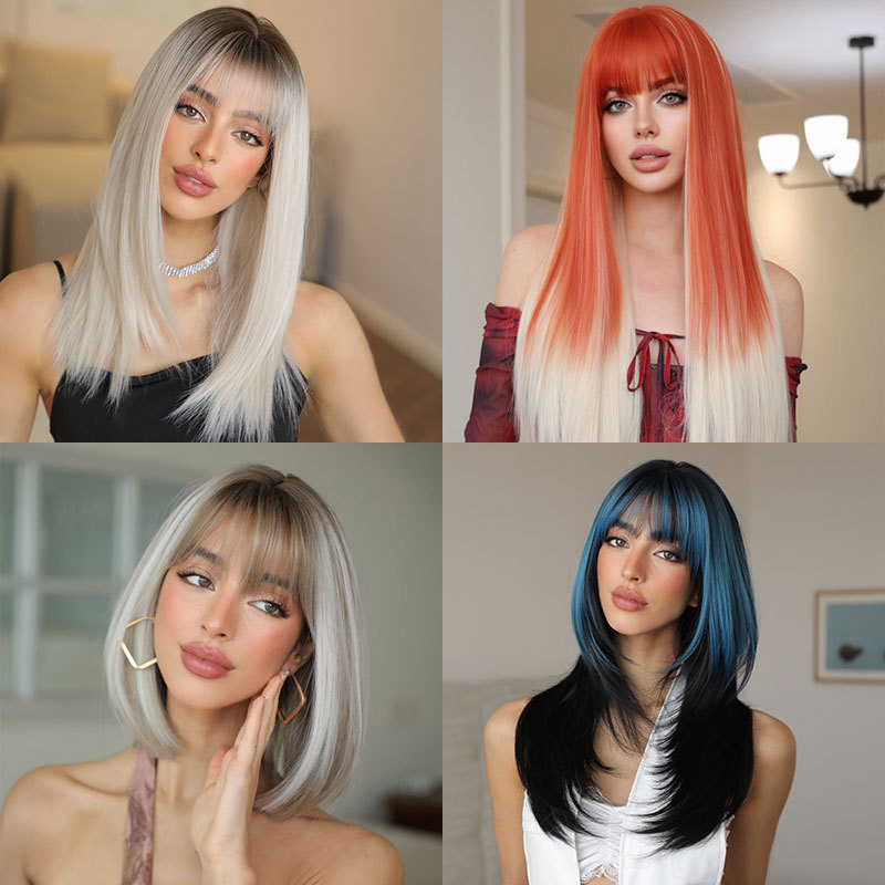 Cross-Border Foreign Trade Best-Selling European and American Wigs for Women with Gradient Long Straight Hair on Top of the Head to Repair and Reduce Age, Natural and Traceless Full Headgear