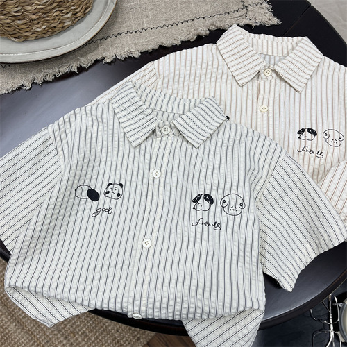 男童短袖衬衫儿童夏装卡通条纹衬衣宝宝夏季新款韩版小童半袖上衣