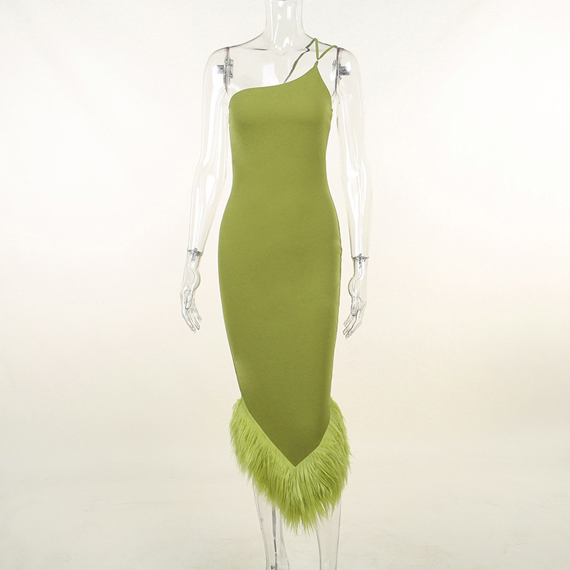 One Shoulder Halter Fur Swing Dress - Dresses - Uniqistic.com