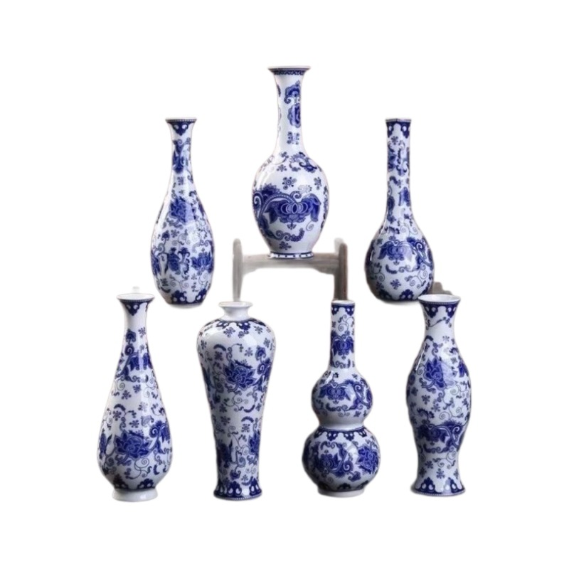 Flores de porcelana azul, vasos de flores de cerámica de lujo ligero, flores de alto nivel, decoración de mesa de comedor de estilo nuevo chino