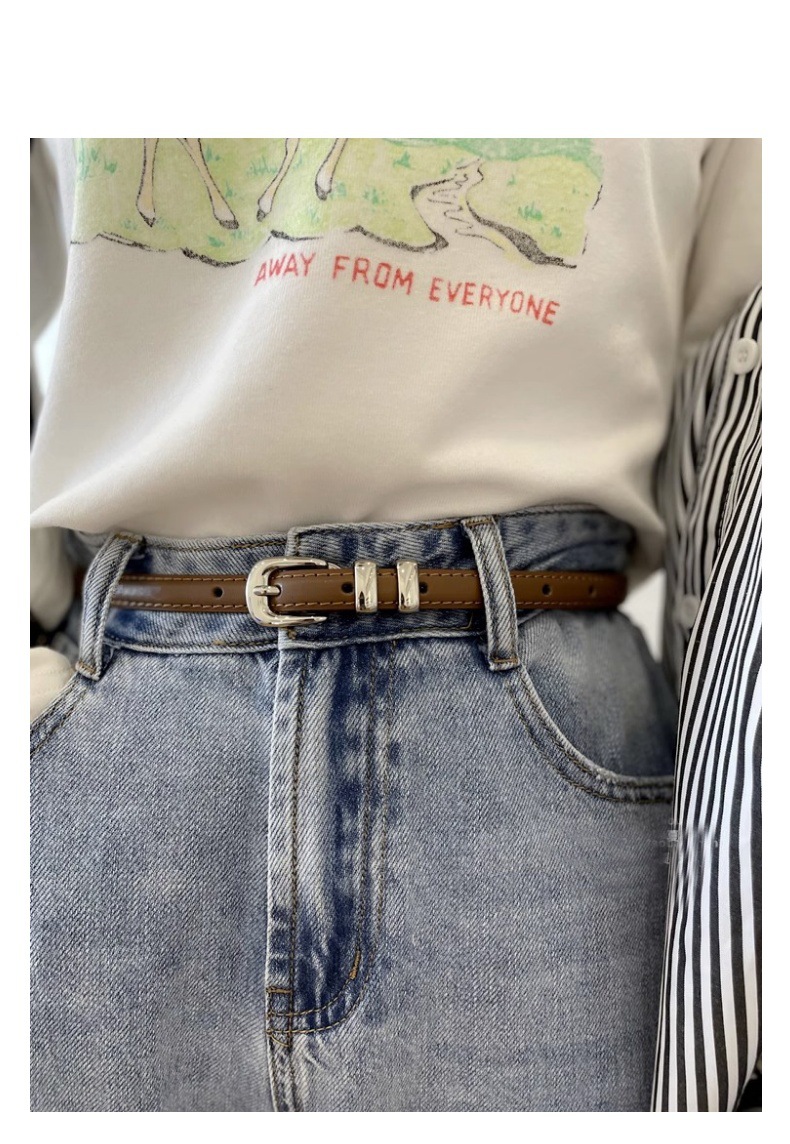 Thin Belt Niche Design Genuine Leather Thin Belt for Women Simple and Versatile Silver Buckle Metal Ring Cowhide Belt Trendy Women's Belt_voghion.com