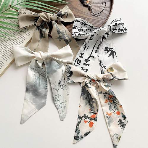 New Chinese-style ink painting long and narrow small silk scarf for women, suitable for spring and summer, versatile hair tie, hair bun wrap, packaging decoration, ribbon hair accessory.