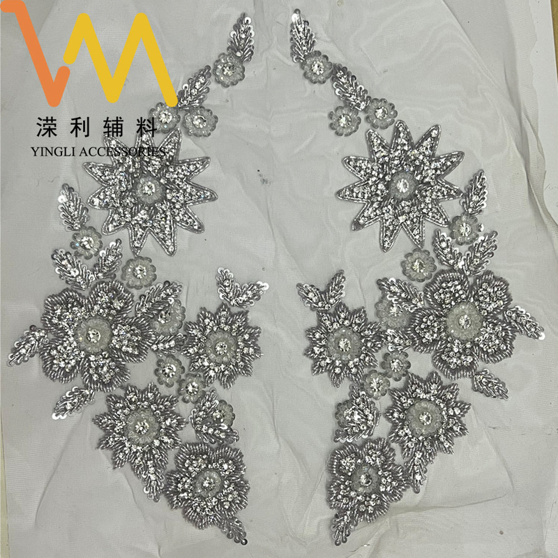 2026 Silver Beaded Sequin Lace Appliqué Floral Wedding Dress Mother's Dress Chinese-Style Lace Accessories Indian Silk