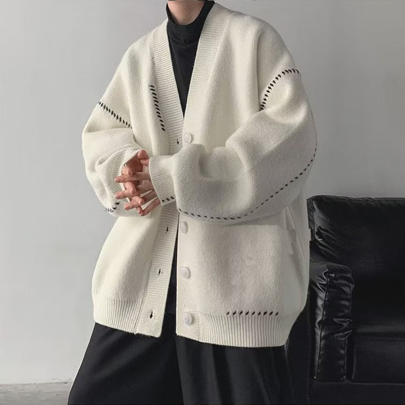 European and American Cardigan Sweater Men's Autumn Korean Style Fashionable Loose V-neck Sweater American Style Design Sense Casual Sweater