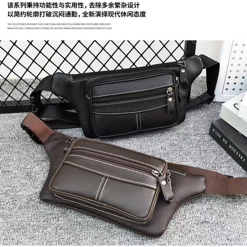 Cross-Border First-Layer Cowhide Waist Bag, Men's Shoulder Bag, Multi-Compartment, Large Capacity, High-End Fashion, Unisex Chest Bag, Gym Bag